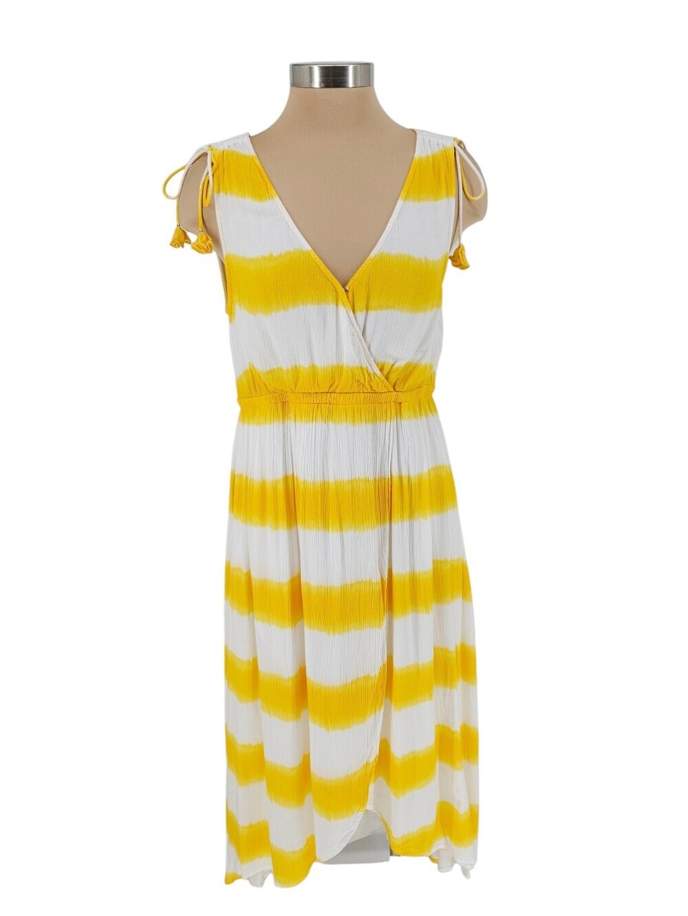 Tommy Bahama Set Sail Faux Wrap Hilo Dress Yellow Stripe Sleeveless VNeck Medium